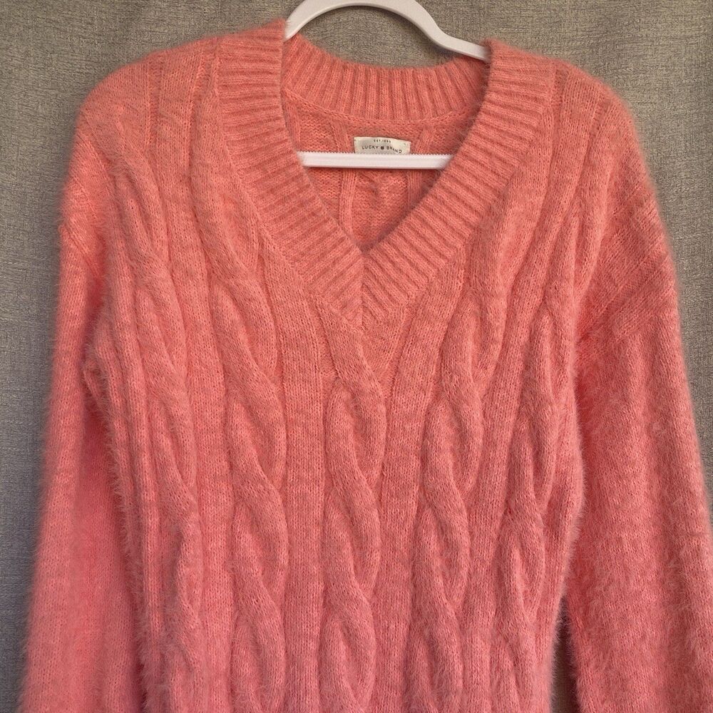 Lucky Brand Cable-Knit Eyelash V-Neck Fuzzy Pullover Oversized Sweater Warm
